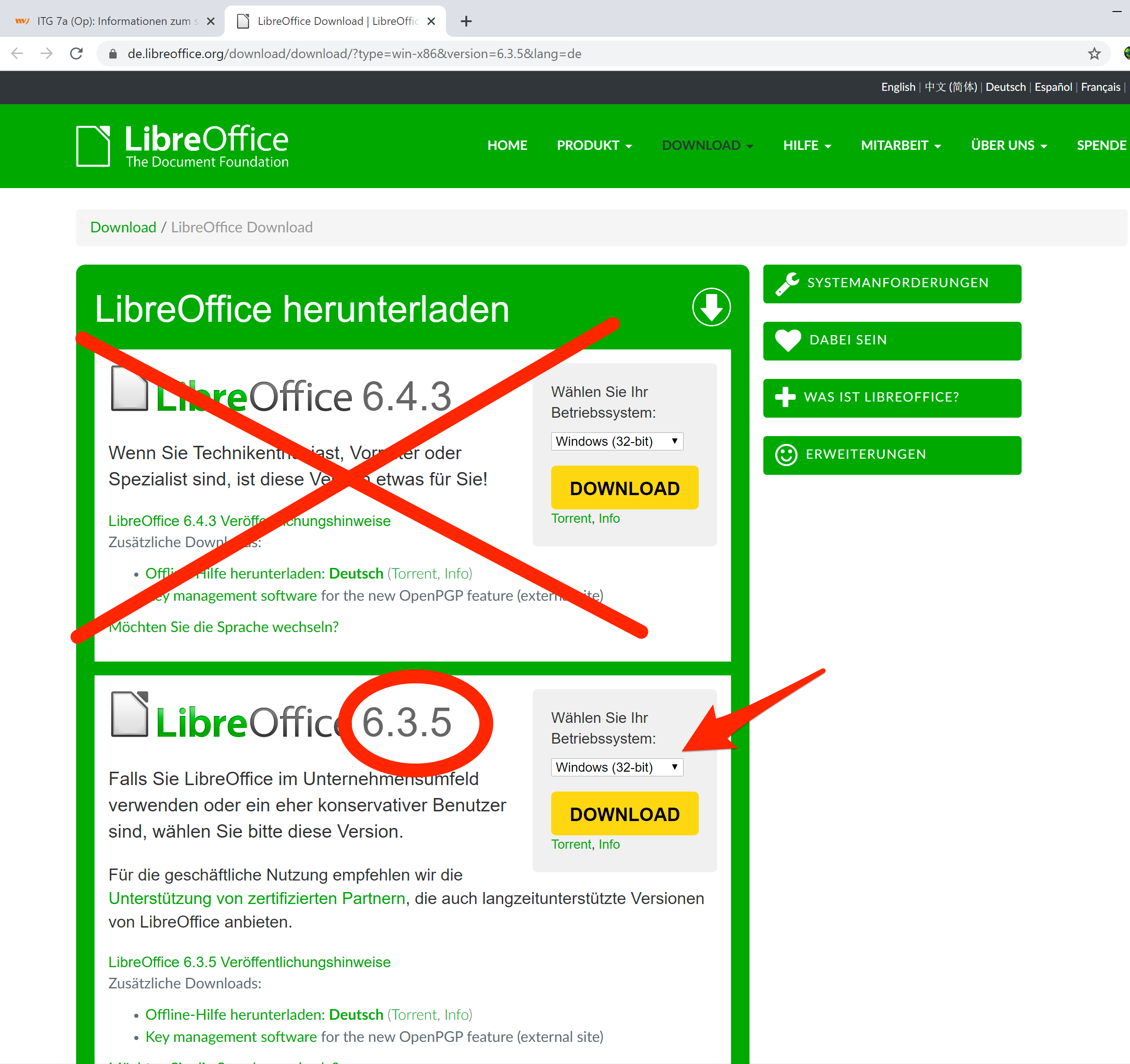 Download-Seite von LibreOffice - Auswahl der Version - Text unten beachten!