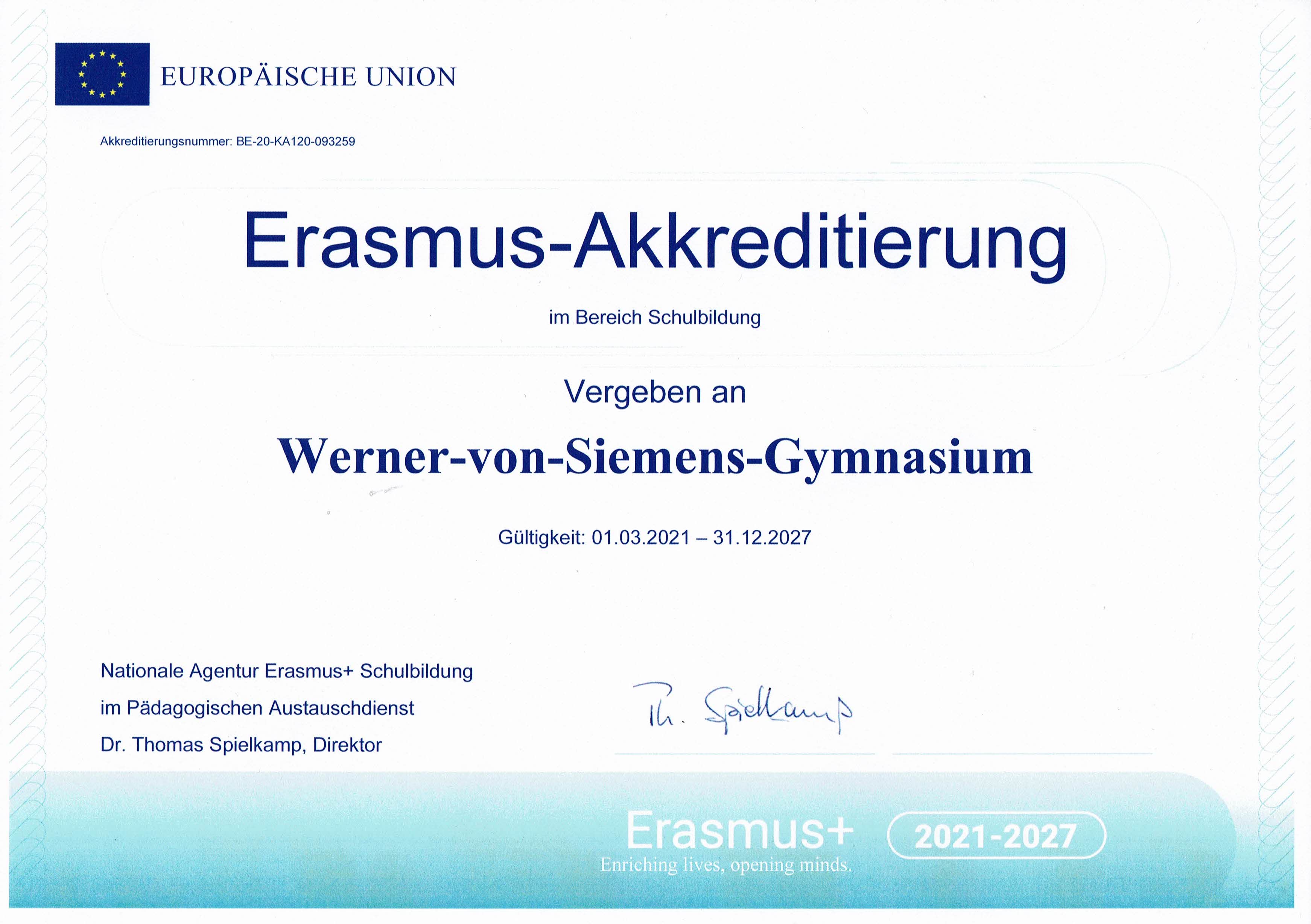 Erasmus-Akkreditierung des Werner-von-Siemens-Gymnasiums